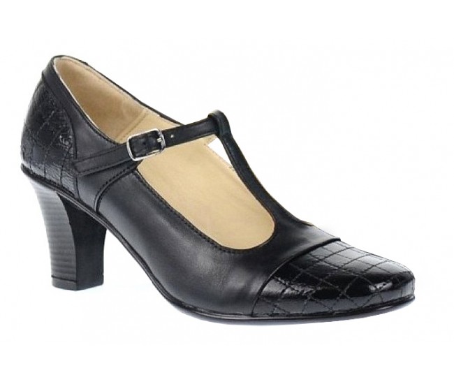 Pantofi dama din piele naturala cu bareta - Model Negru cu varf lac P50N