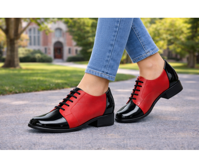  Pantofi dama rosii din piele naturala cu negru lac – stil casual modern P53RNL