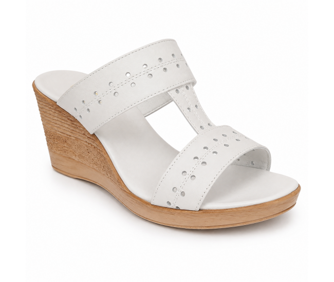 Papuci dama albi din piele naturala, cu platforma wedge perforata, comozi, usori deosebiti PAP46A
