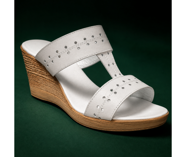 Papuci dama albi din piele naturala, cu platforma wedge perforata, comozi, usori deosebiti PAP46A
