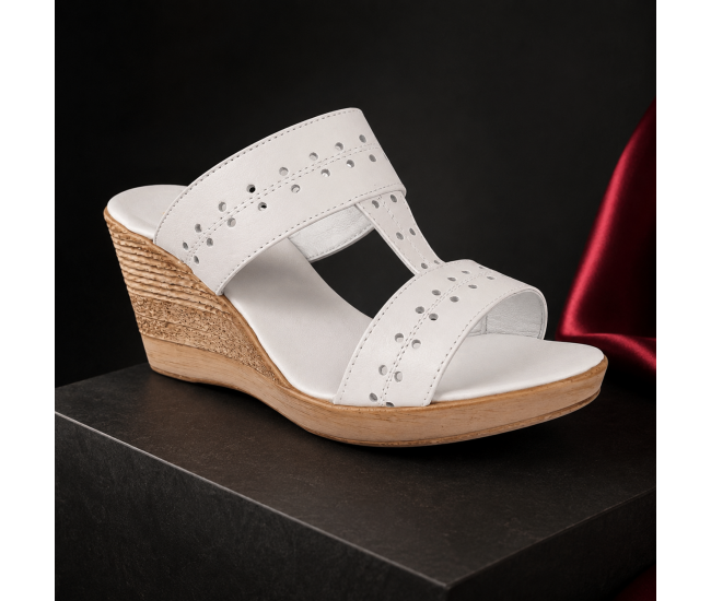 Papuci dama albi din piele naturala, cu platforma wedge perforata, comozi, usori deosebiti PAP46A