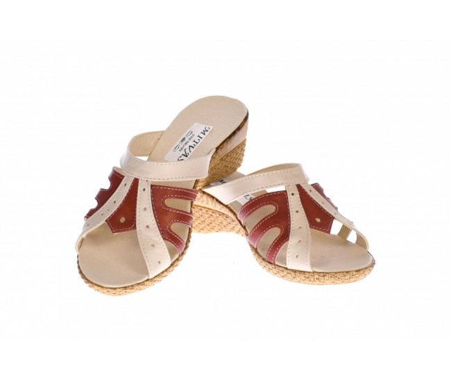 Papuci dama de vara cu platforme de 5cm, din piele naturala, bej, maro, PAP4BM