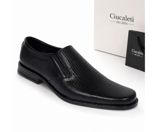 Pantofi bărbați negri din piele naturală, slip-on eleganți cu textură fină și aspect modern PB2265ELN