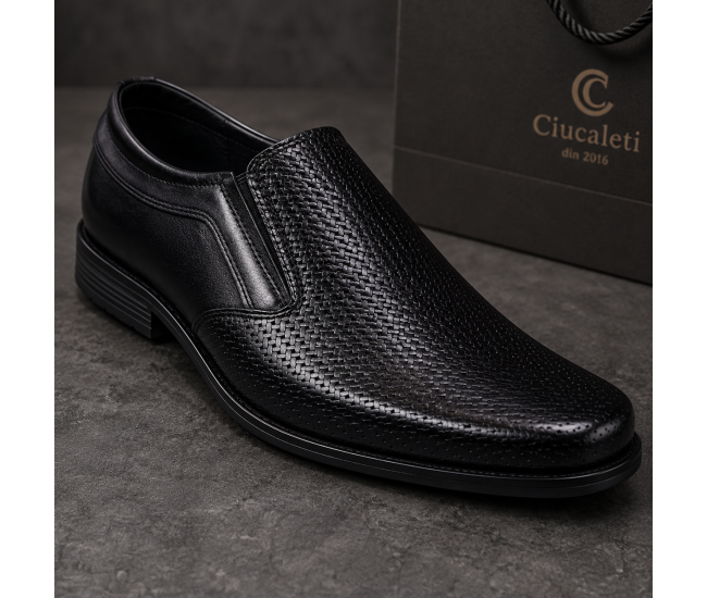 Pantofi bărbați negri din piele naturală, slip-on eleganți cu textură fină și aspect modern PB2265ELN