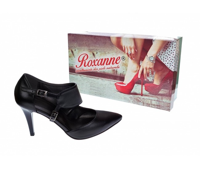 Pantofi stiletto, dama, negri, din piele naturala, toc 8cm, Roxanne, ROX70N