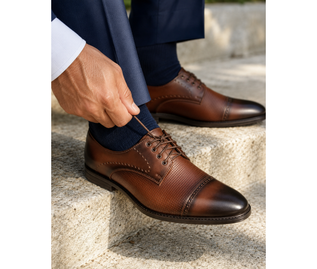 Pantofi barbati maro din piele naturala, eleganti si perforati – stil rafinat, confort Office RSY479M