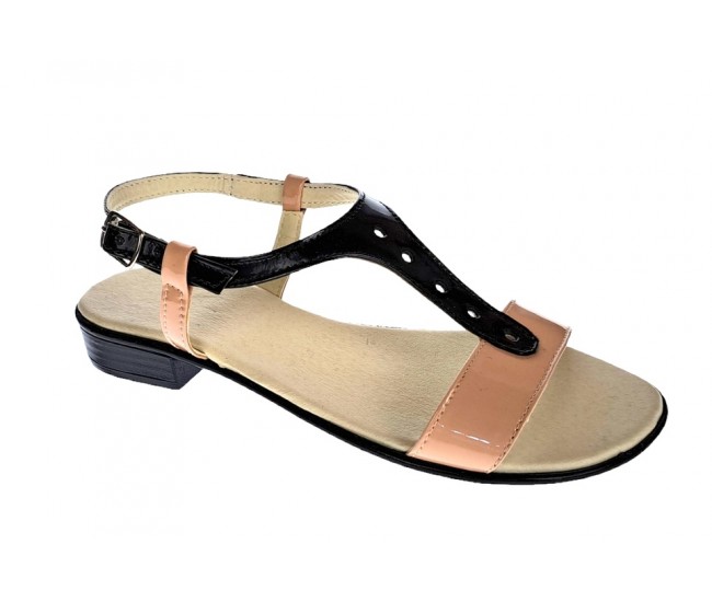 Sandale dama din piele naturala lacuita, nud - negru S16NNUDL