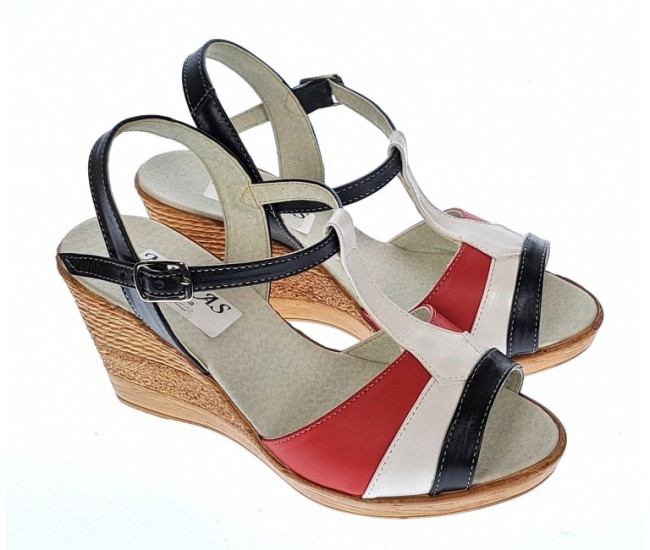 Sandale dama, din piele naturala, Platforme 8cm, negru-alb-rosu, piele box  - S47NARBOX