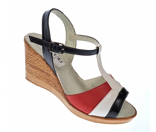 Sandale dama, din piele naturala, Platforme 8cm, negru-alb-rosu, piele box  - S47NARBOX