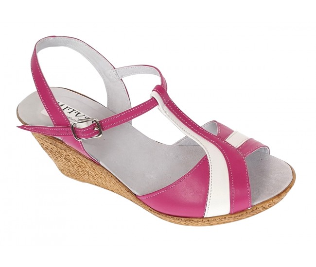 Sandale dama din piele naturala Roz cu Alb - Model cu toc de 7cm S61ROZ
