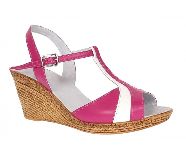 Sandale dama din piele naturala Roz cu Alb - Model cu toc de 7cm S61ROZ