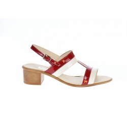 Sandale dama din piele naturala, lac, combinatie de culori, Rosu, Bej, toc de 5cm - S7RB
