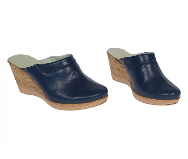 Saboti dama bleumarin din piele naturala cu platforme de 7 cm - SAB50BL