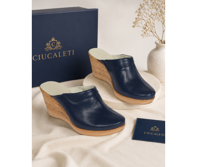 Saboti dama bleumarin din piele naturala cu platforme de 7 cm - SAB50BL
