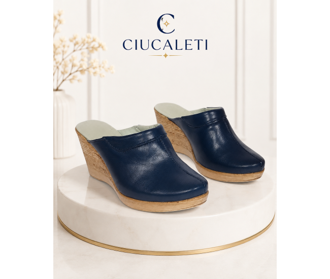 Saboti dama bleumarin din piele naturala cu platforme de 7 cm - SAB50BL