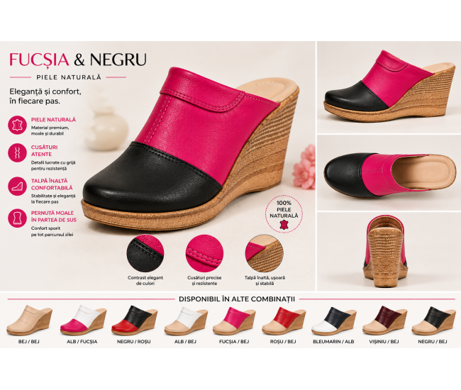 Saboti dama din piele naturala Negru - Fucsia cu talpa tip pana  SB50NF
