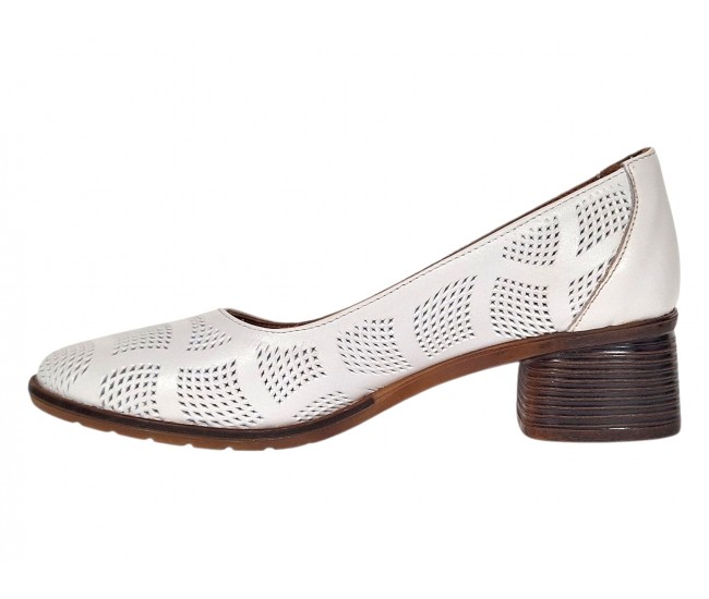 Pantofi dama albi din piele naturala cu perforatii elegante si toc comod maro SCV357A
