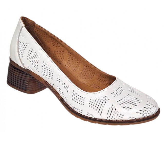 Pantofi dama albi din piele naturala cu perforatii elegante si toc comod maro SCV357A