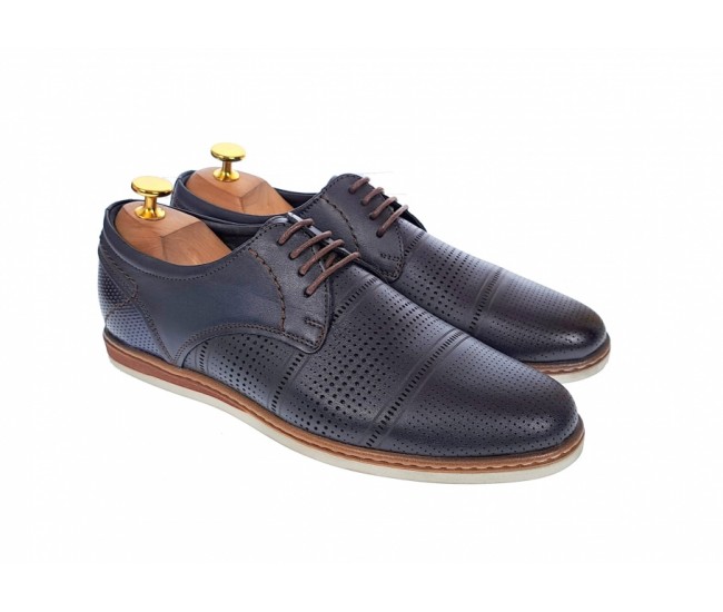 Pantofi barbati eleganti din piele naturala cu perforatii, bleumarin - SIR213GBL