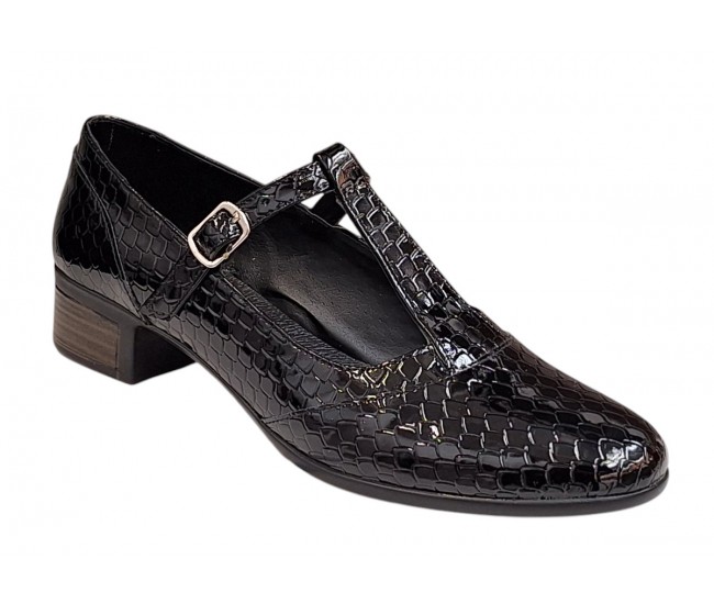 Pantofi dama cu bareta pentru dans - Model Negru din piele naturala Croco STD23CRN