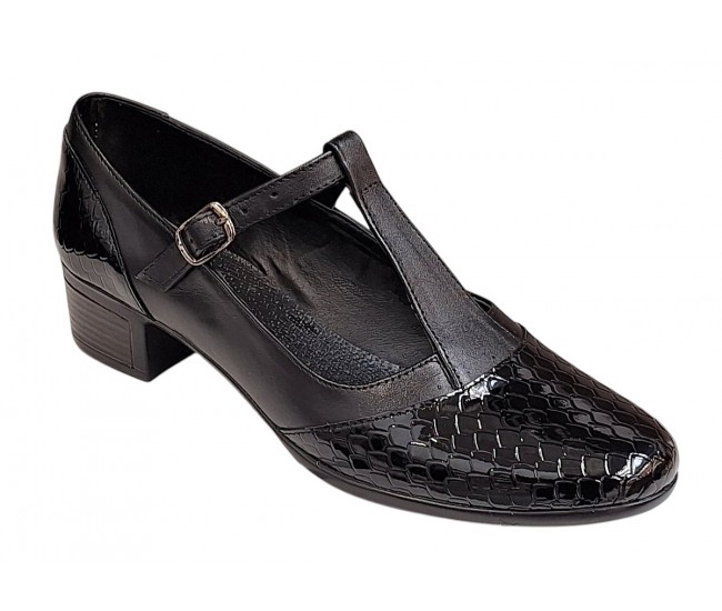 Pantofi dama cu bareta pentru dans - Model Negru din piele naturala Croco STD25CRN
