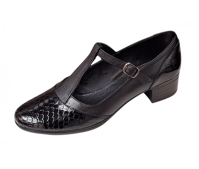 Pantofi dama cu bareta pentru dans - Model Negru din piele naturala Croco STD25CRN