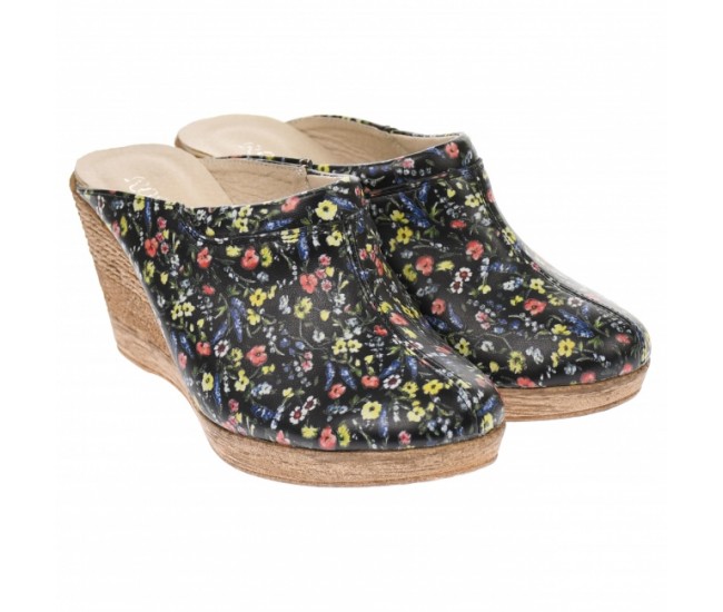 Saboti dama, negri, cu imprimeu floral, din piele naturala, cu platforme de 7 cm - TEA19FLOR Saboti dama, negri, cu imprimeu floral, din piele naturala, cu platforme de 7 cm - TEA19FLOR