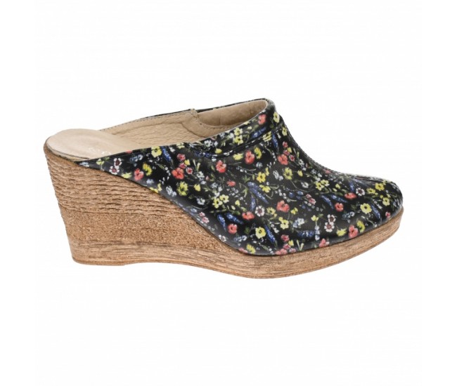 Saboti dama, negri, cu imprimeu floral, din piele naturala, cu platforme de 7 cm - TEA19FLOR Saboti dama, negri, cu imprimeu floral, din piele naturala, cu platforme de 7 cm - TEA19FLOR