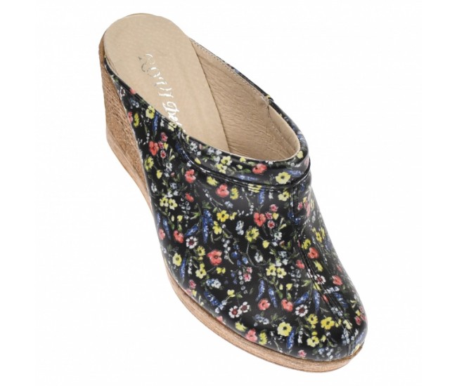 Saboti dama, negri, cu imprimeu floral, din piele naturala, cu platforme de 7 cm - TEA19FLOR Saboti dama, negri, cu imprimeu floral, din piele naturala, cu platforme de 7 cm - TEA19FLOR