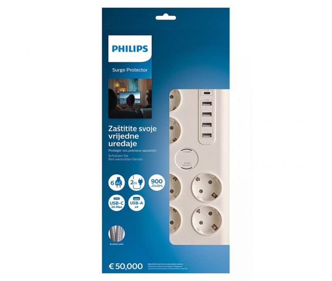 PRELUNGITOR SURGE PROTECTOR 6 PRIZE 2M 5 X USB PHILIPS 