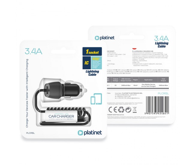 INCARCATOR AUTO CABLU SPIRALAT 3.4A LIGHTNING 