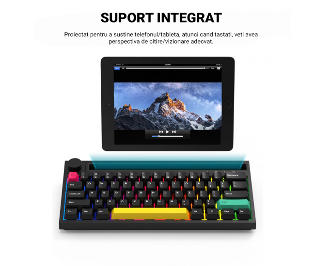 Tastatura mecanica Ajazz K620T,  Bluetooth Wireless, Dual Mode, Baterie 4400mA, RGB Backlit, suport integrat, design ergonomic, Negru