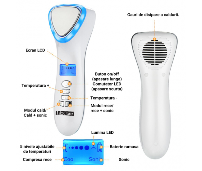 Aparat masaj facial Lila Care, pentru indepartarea liniilor fine, vibratii cu ultrasunete, masaj rece/cald, foton, functie de intinerire, alb