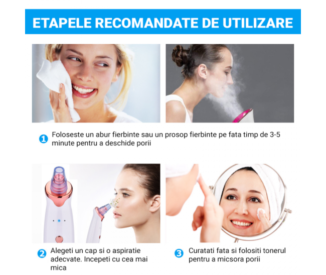 Aspirator facial Lila Care, ingrijire ten, indepartarea punctelor negre, minimizarea porilor, putere de aspirare mare, 3 nivele de rezistenta, 5 capete inlocuibile, portabil, alb