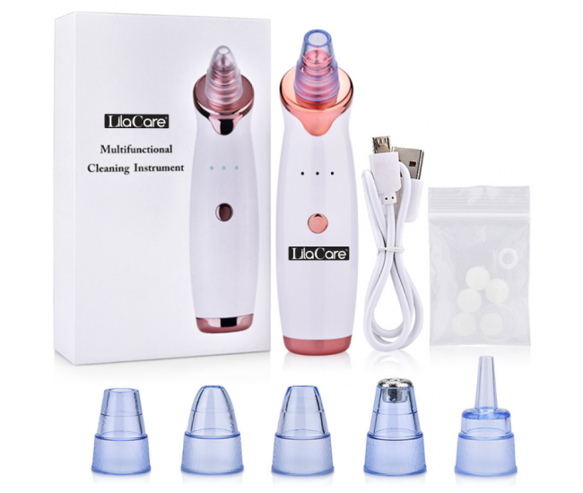 Aspirator facial Lila Care, ingrijire ten, indepartarea punctelor negre, minimizarea porilor, putere de aspirare mare, 3 nivele de rezistenta, 5 capete inlocuibile, portabil, alb
