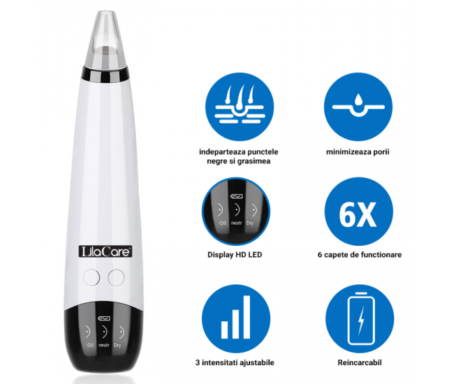 Aspirator facial Lila Care, ingrijire ten, indepartarea punctelor negre, minimizarea porilor, putere de aspirare mare, 6 capete inlocuibile, 3 nivele de rezistenta, ecran HD LED, portabil, alb-negru