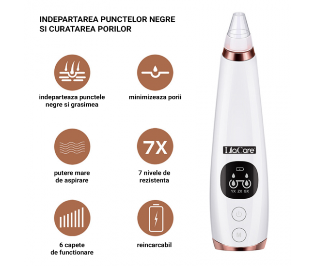 Aspirator facial Lila Care, ingrijire ten, indepartarea punctelor negre, minimizarea porilor, putere de aspirare mare, 6 capete inlocuibile, 7 nivele de rezistenta, portabil, alb