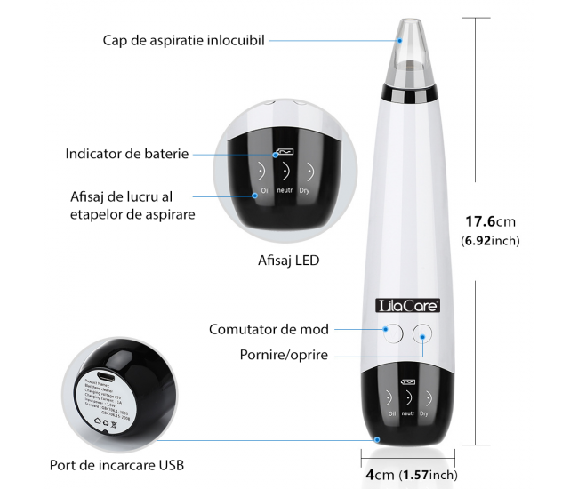 Aspirator facial Lila Care, ingrijire ten, indepartarea punctelor negre, minimizarea porilor, putere de aspirare mare, 6 capete inlocuibile, 3 nivele de rezistenta, ecran HD LED, portabil, alb-negru