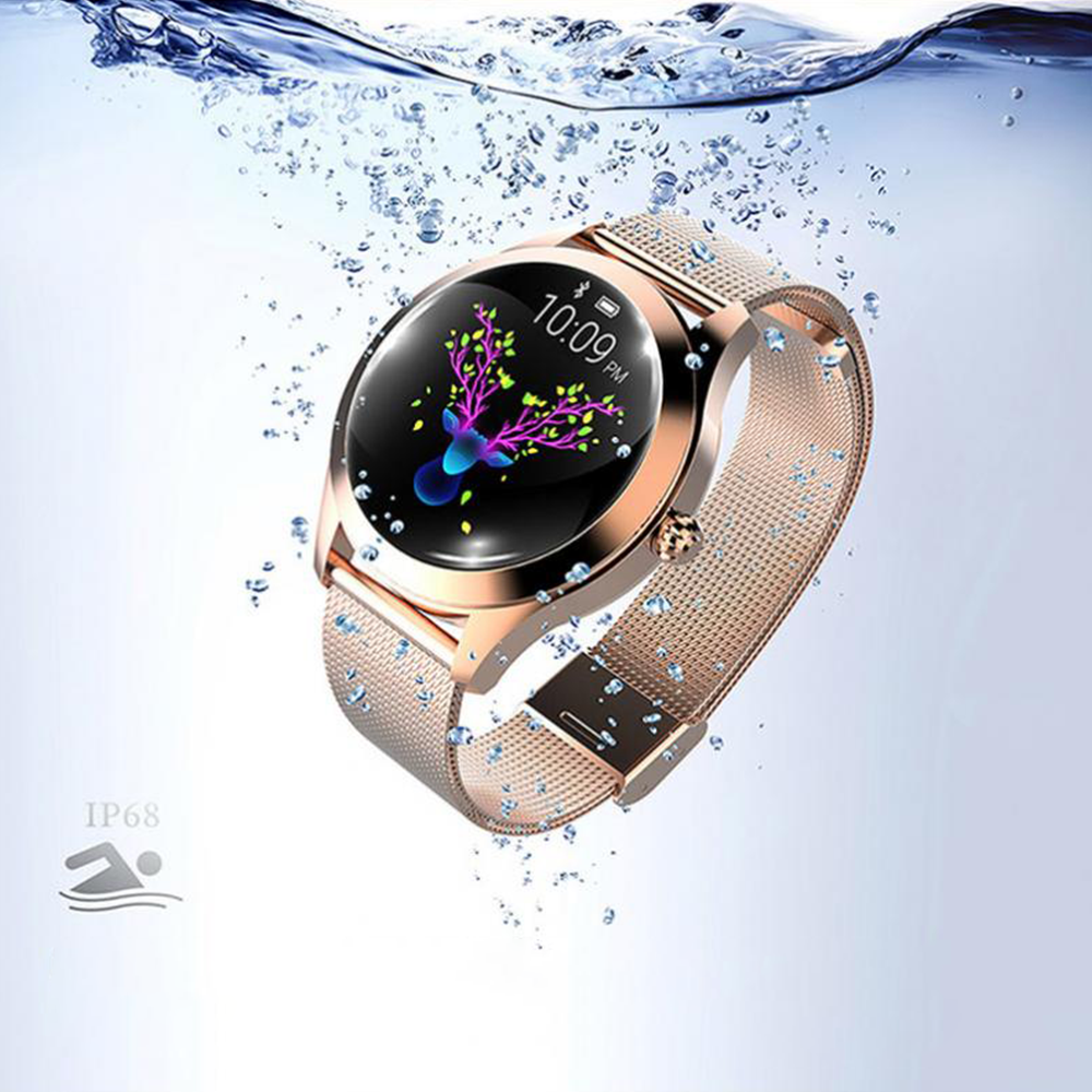 Ceas smartwatch loomax KW10, monitorizare ciclu menstrual, ritm cardiac, sedentarism, notificari instant, bratara metalica, rezistent la apa ip68, vibratii, multi sport, gold -