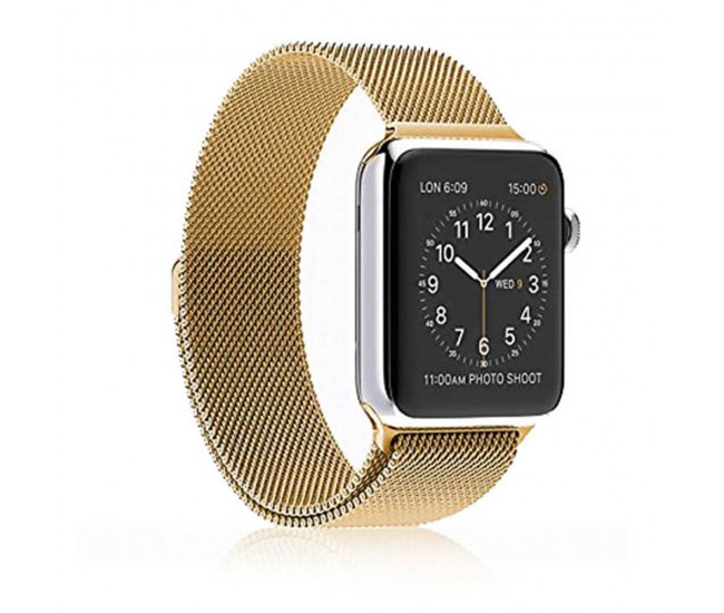 Curea metalica pentru Apple Watch Loomax, bratara Milanese Loop, Compatibila cu Apple Watch, 42 / 44 mm vintage gold, 33-3302