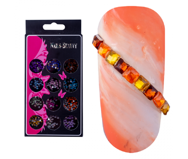Decoratiuni unghii, Lila Rossa, strasuri patrate multicolore