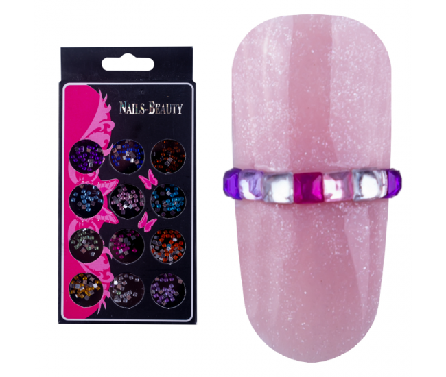 Decoratiuni unghii, Lila Rossa, strasuri patrate multicolore