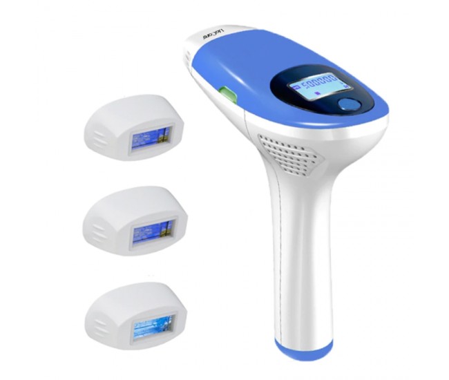 Epilator IPL cu maner, Lila Care, 500.000 pulsatii, display LCD, 5 trepte de intensitate, 3 capete, Alb/Albastru