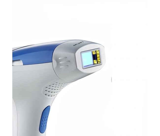 Epilator IPL cu maner, Lila Care, 500.000 pulsatii, display LCD, 5 trepte de intensitate, 3 capete, Alb/Albastru