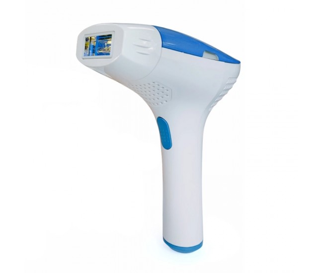 Epilator IPL cu maner, Lila Care, 500.000 pulsatii, display LCD, 5 trepte de intensitate, 3 capete, Alb/Albastru