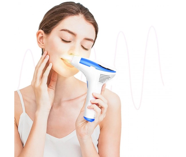 Epilator IPL cu maner, Lila Care, 500.000 pulsatii, display LCD, 5 trepte de intensitate, 3 capete, Alb/Albastru
