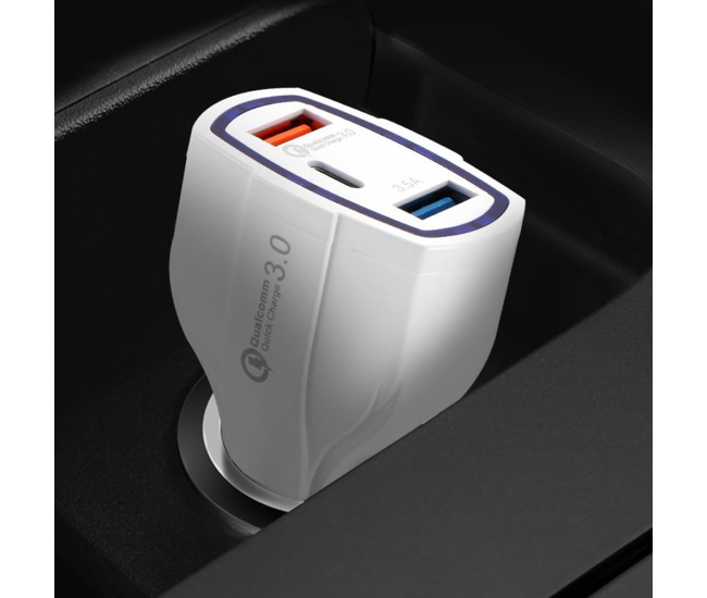 Incarcator auto cu incarcare rapida, QC 3.0, 2 porturi USB si tip C, 20W, alb