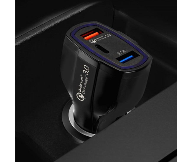Incarcator auto cu incarcare rapida, QC 3.0, 2 porturi USB si tip C, 20 W, negru