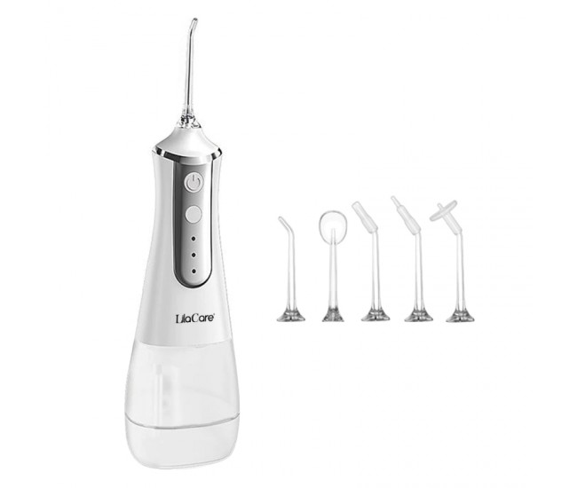 Irigator bucal profesional, dus bucal, Lila Care, Ultra-Portabil, 5 Capete Curatare, rezervor 350 ml, alb