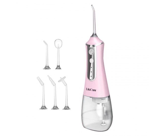 Irigator bucal profesional, dus bucal, Lila Care, Ultra-Portabil, 5 Capete Curatare, rezervor 350 ml, roz